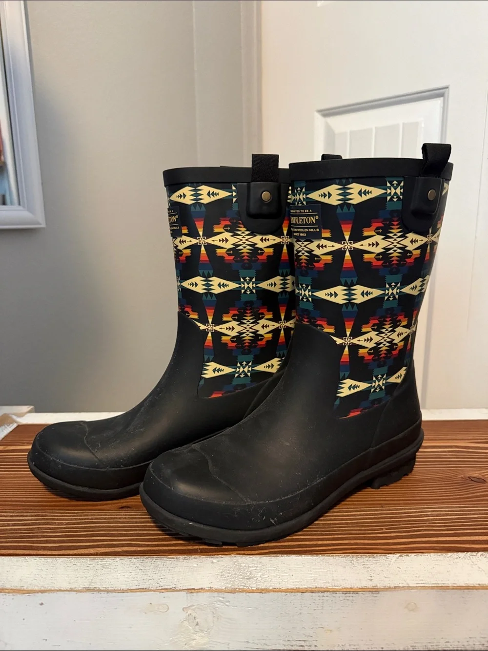 Pendleton Black Rain Boots with Cream, Red, Teal & Yellow Geometric Print
